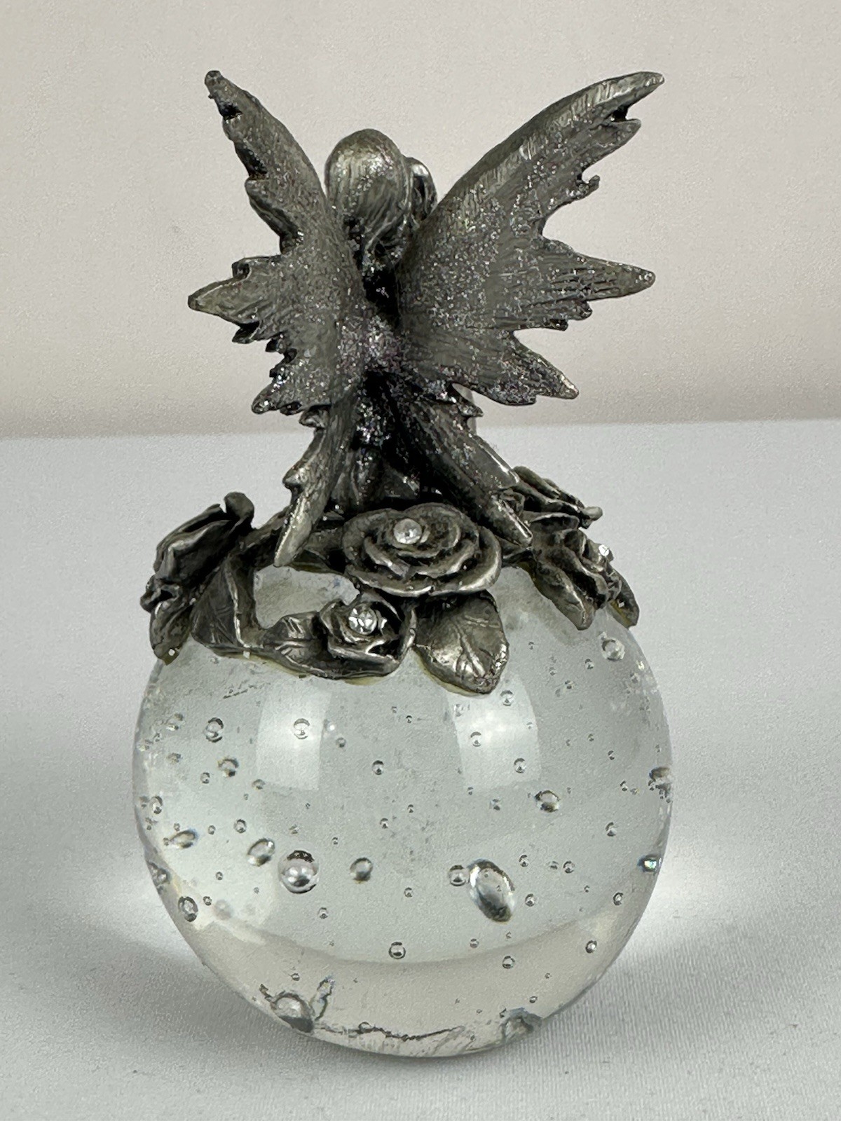 Pewter Fairy With Roses & Rhinestones Glass Paperweight With Bubbles