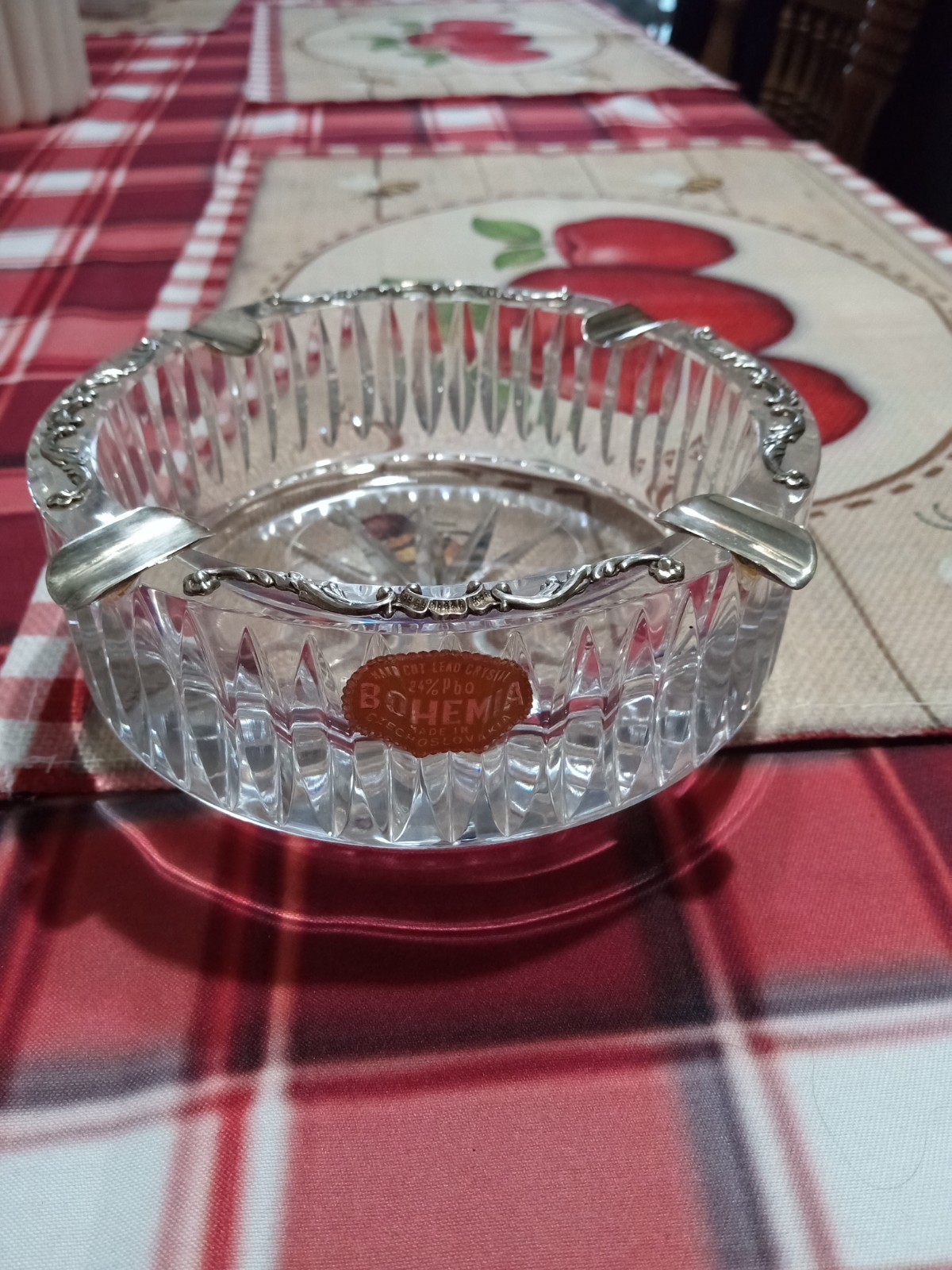 Czechoslovakia Bohemia Hand Cut 24% Lead Crystal Ashtray 5” .800 SILVER