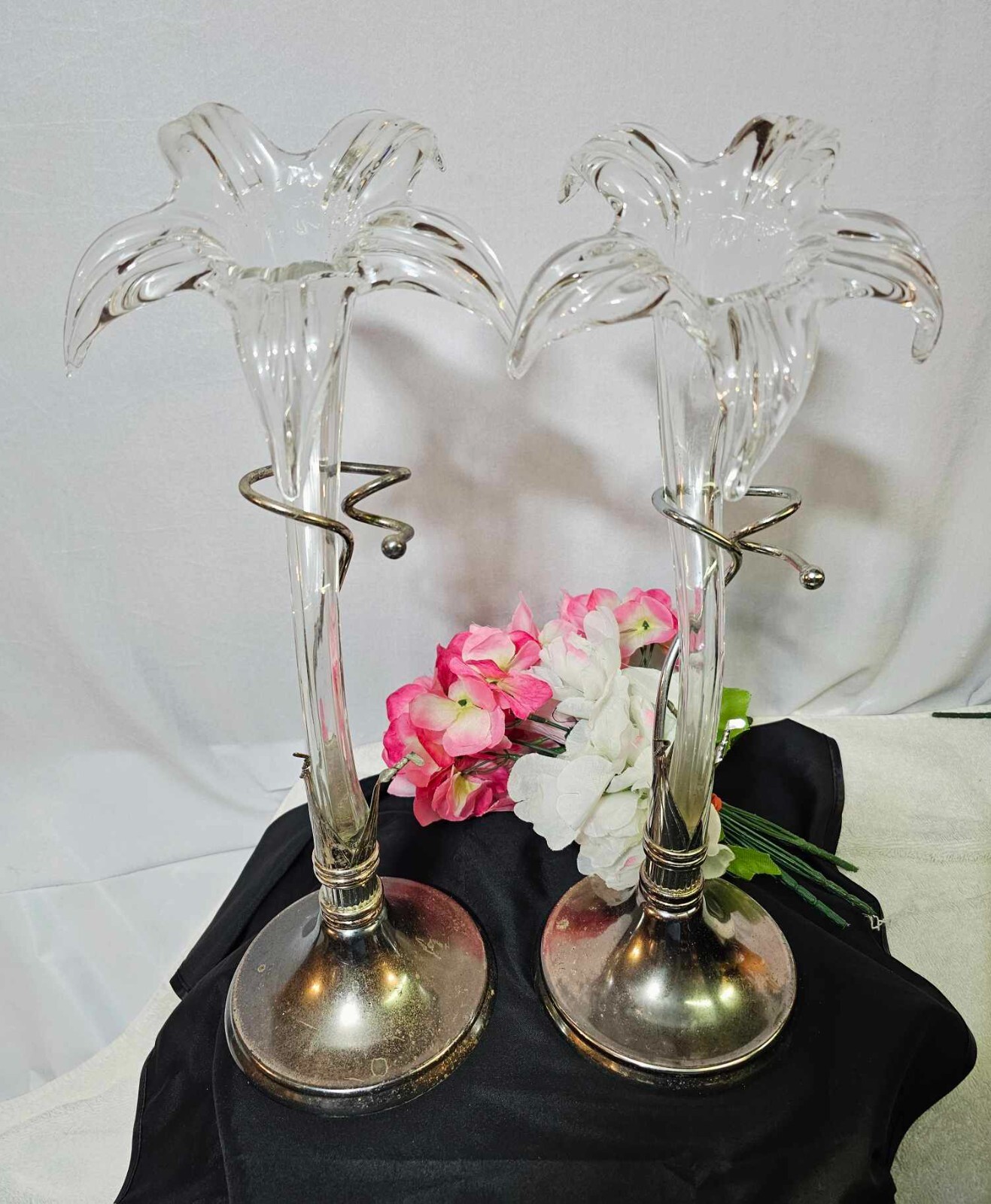2 Vtg Glass Lily Flower Vase Epergne Metal Stand approx. 15in” tall- A1