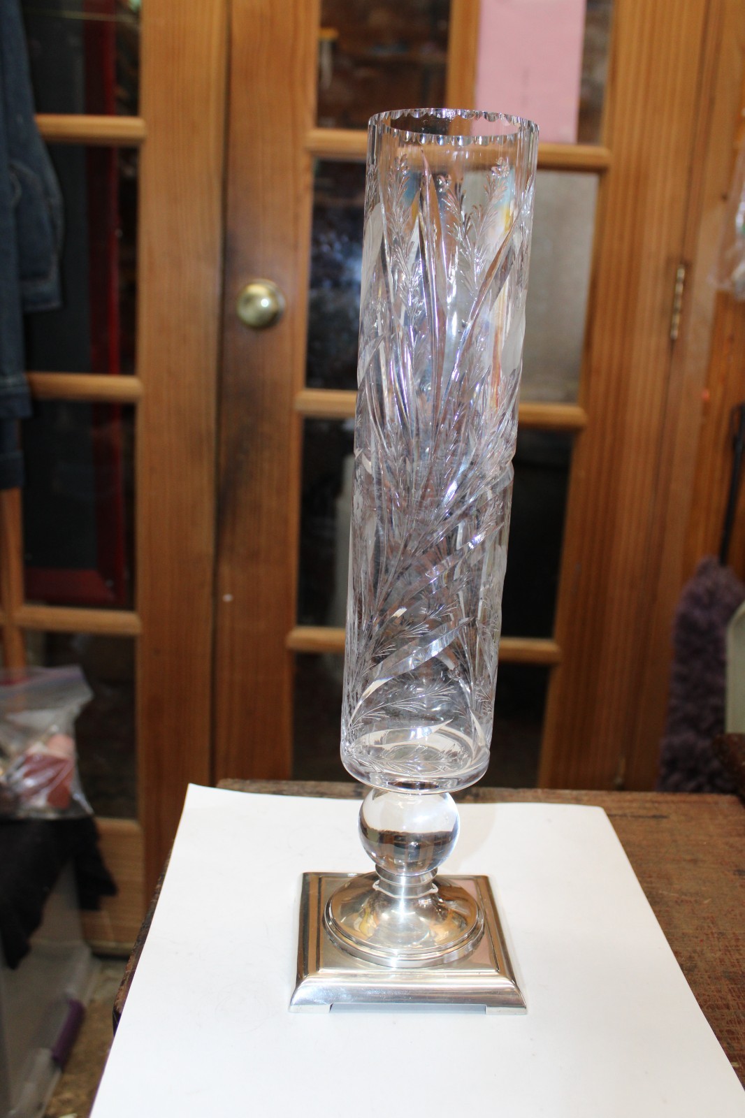 ANTIQUE 1910-19 STEUBEN HAWKES SIGNED CRYSTAL VASE W/ STERLING BASE #S1459 16″ T