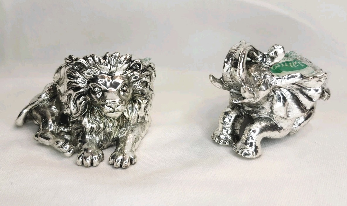 Lion & Elephant Tea Light Candle Holders Metal Aluminum Silver Tone Animals