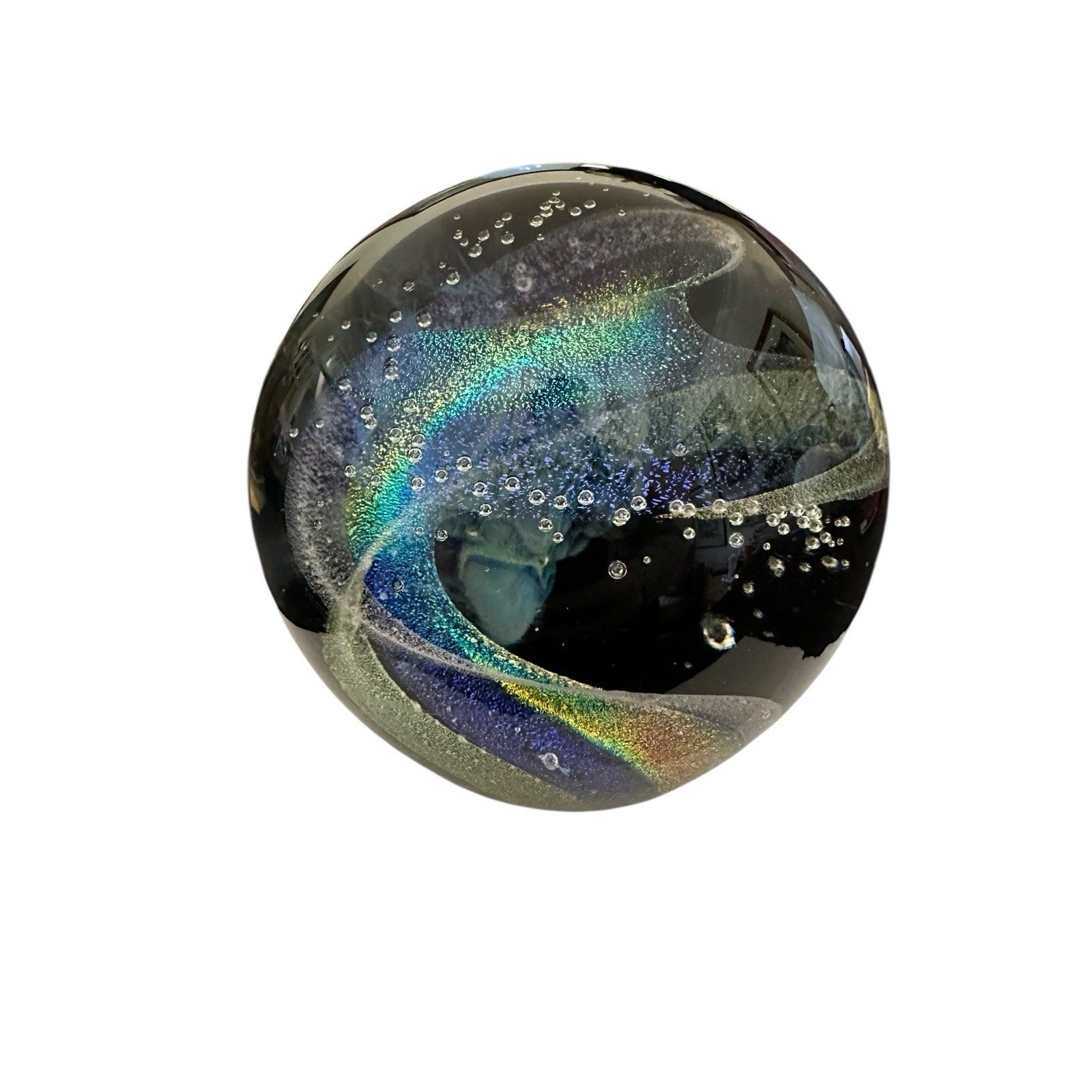 NEW Dark Nebula 4” Orb Blue Nebula of Dichroic Glass and Encased Bubbles Signed