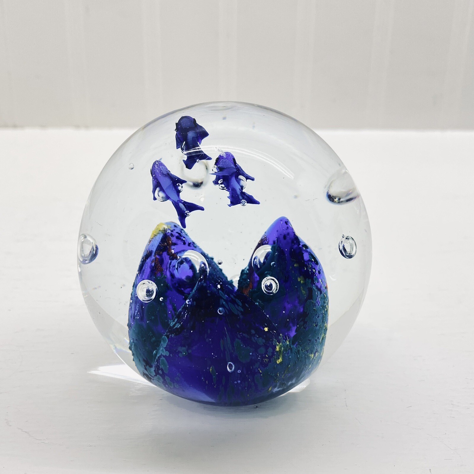 Hand Blown Glass Paperweight Blue Dolphins Ocean Water Coral