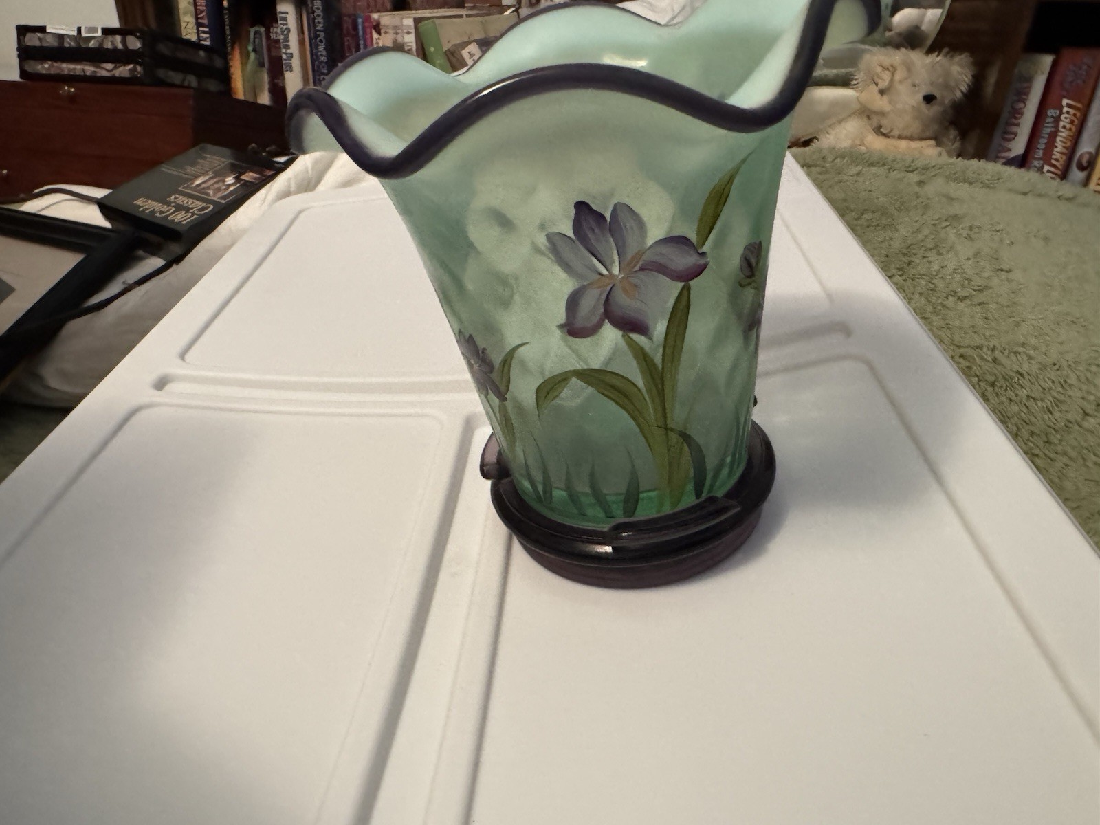 Fenton Hand Painted Green Glass Vase Purple Ruffled Rim Floral Flowers