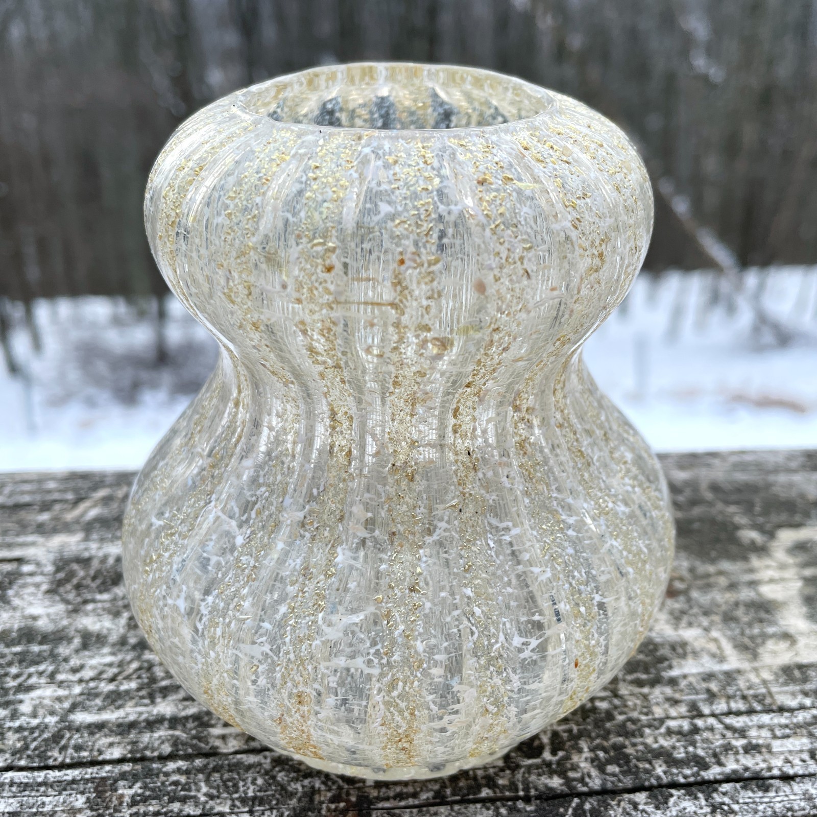 Vintage Dugan Glass Co. Gourd Shaped Vase Pompeian Frit Glass Vase Gold Specks