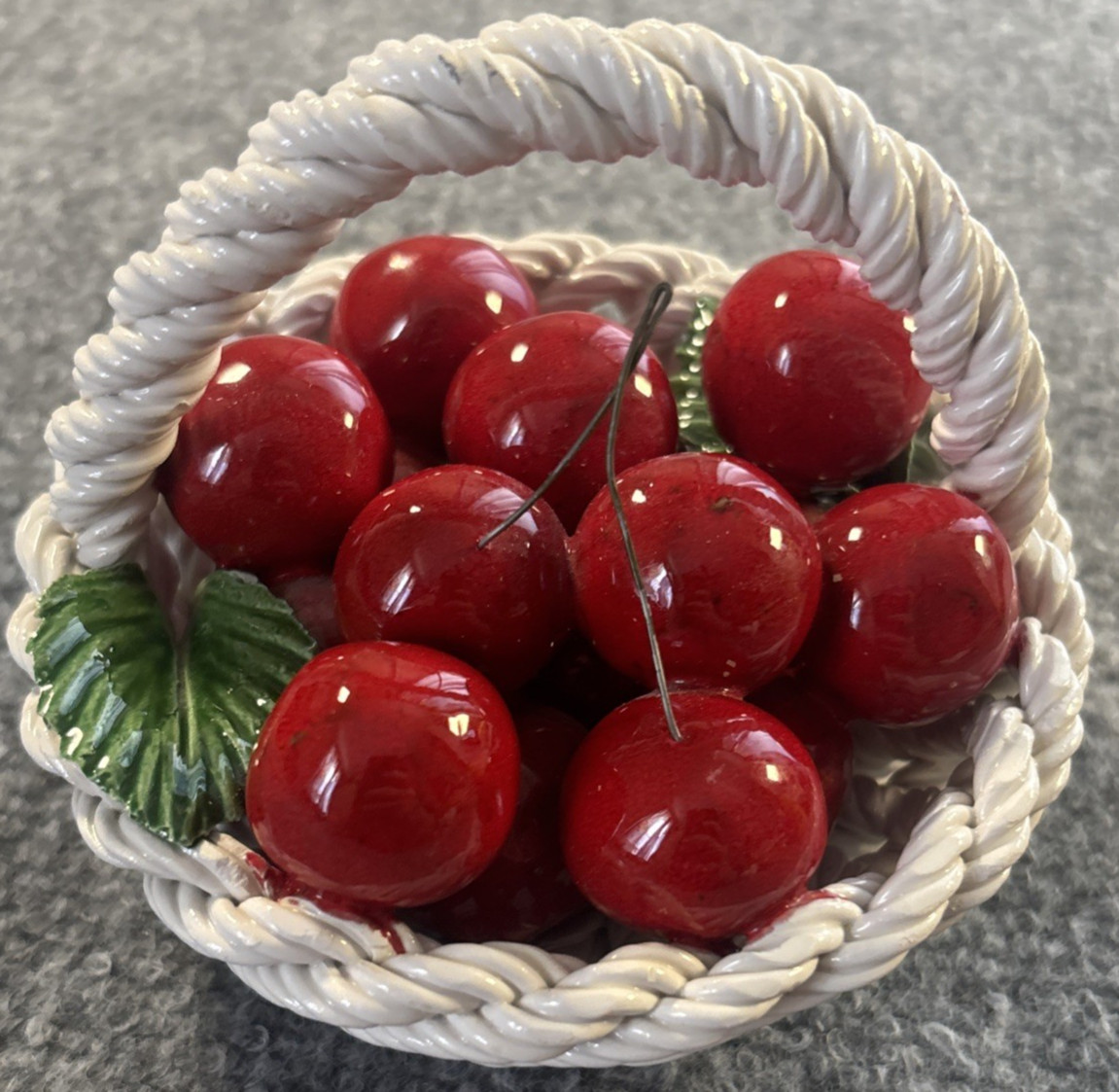 Vintage Ceramic Cherries Fruit In White Woven Basket Hand Painted MCM Red
