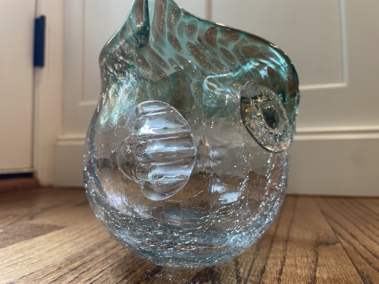 Vintage Crackle Glass Owl Vase Planter Green Art Glass Hand Blown 7” Tall