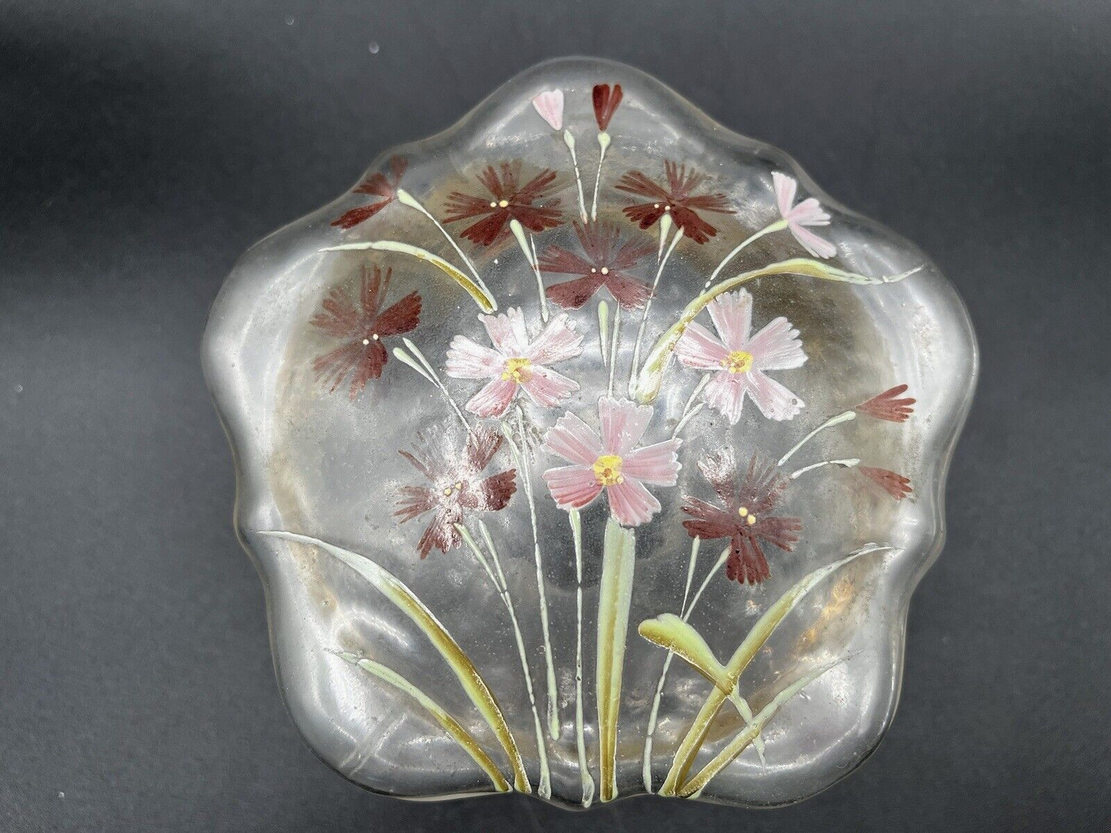 Bohemian Moser Irridescnet Hinged Dresser Box-Clear Frosted-Enamel Floral Design