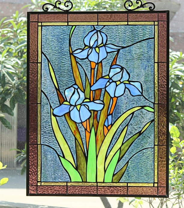 25-inch Antique Vintage Style Iris Stained Glass Window Hanging Suncatcher Panel