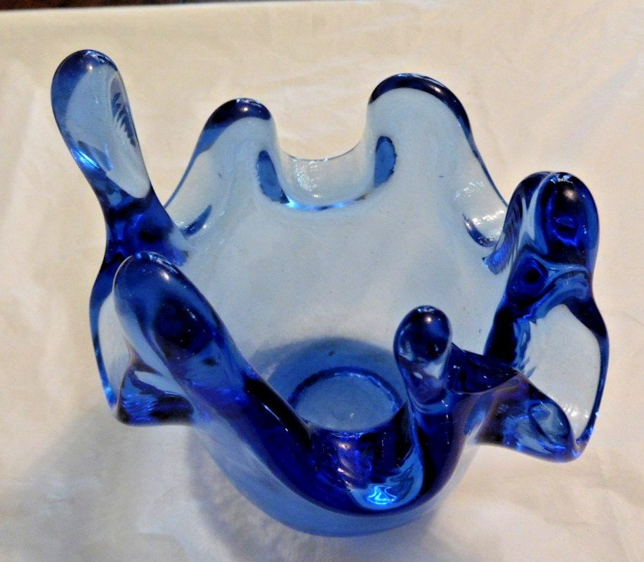 2 Signed Fire & Light Cobalt Blue Splash Votive Candle Holders Recycled Glass