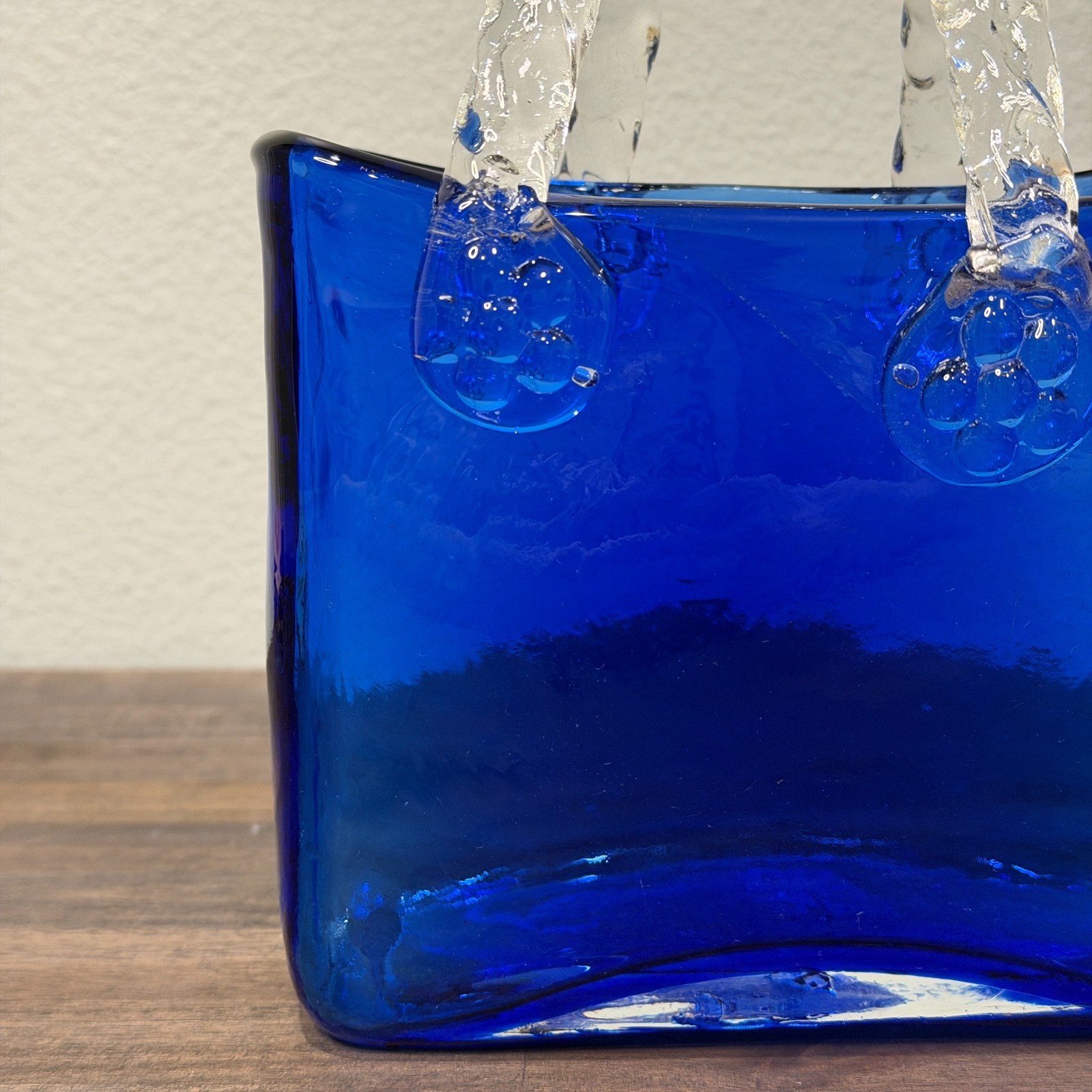 Vintage Cobalt Blue Blown Glass Purse Handbag Bag Vase, Clear Swirl Handles