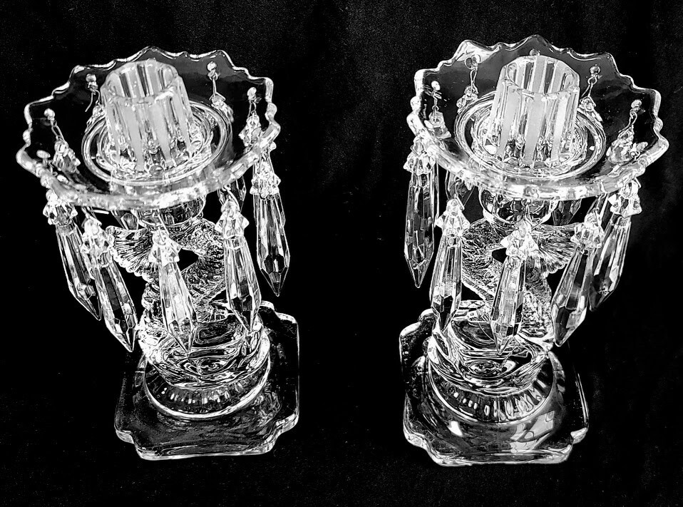 Rare Cambridge Rose Point Crystal Etched Dolphin Hurricane Candle Lamps 17 1/4″