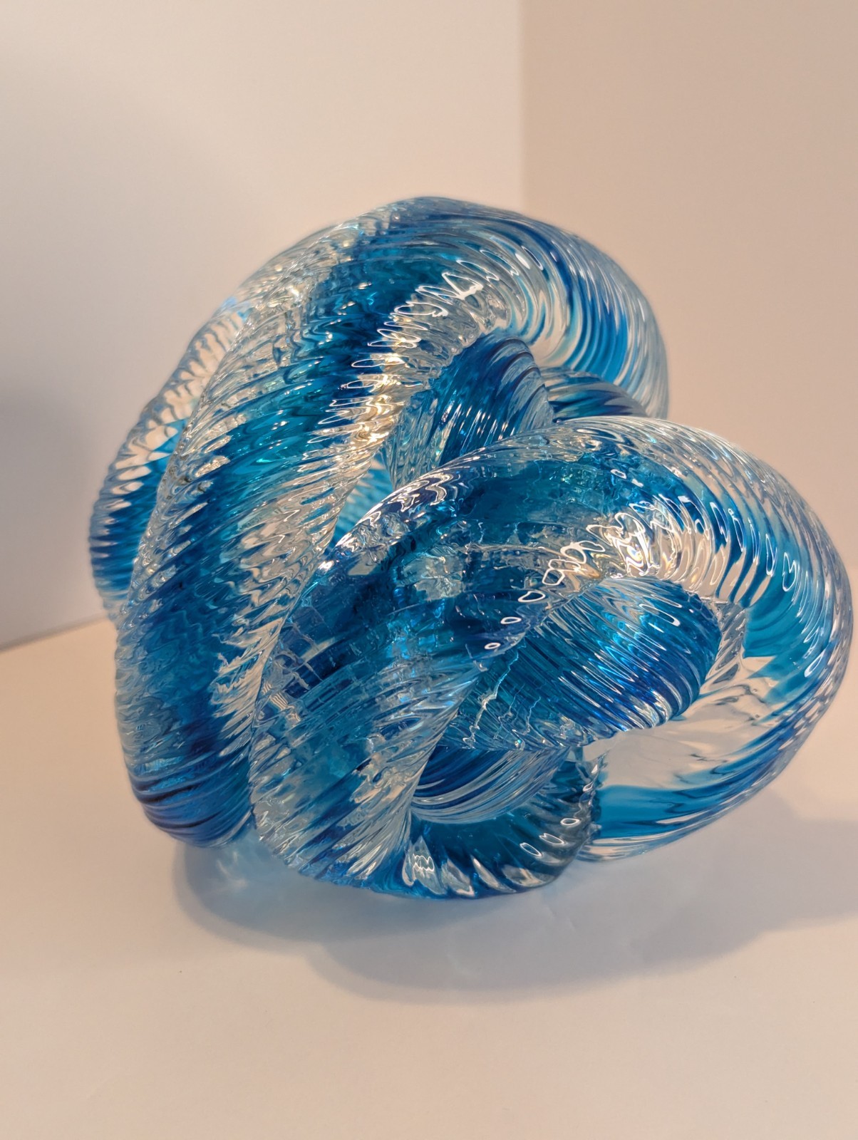 Clear and Blue Ribbed Art Glass Infinity Rope Twisted Knot Paperweight