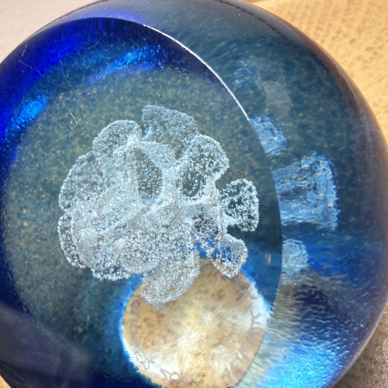 Selkirk Paperweight Bubble Blue & White Ice Flower Vintage Art Glass Signed