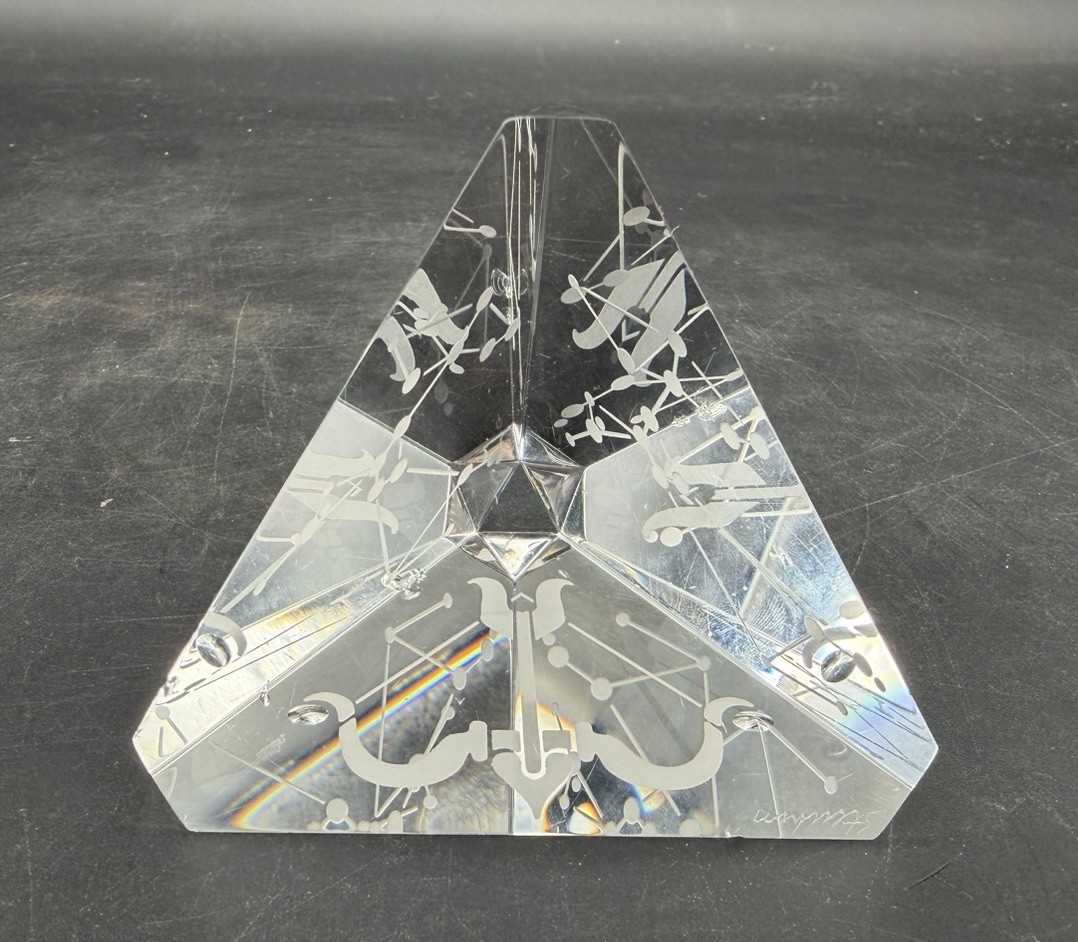 Steuben Sagittarius Zodiac Crystal Pyramid Paperweight Constellation Fleabites
