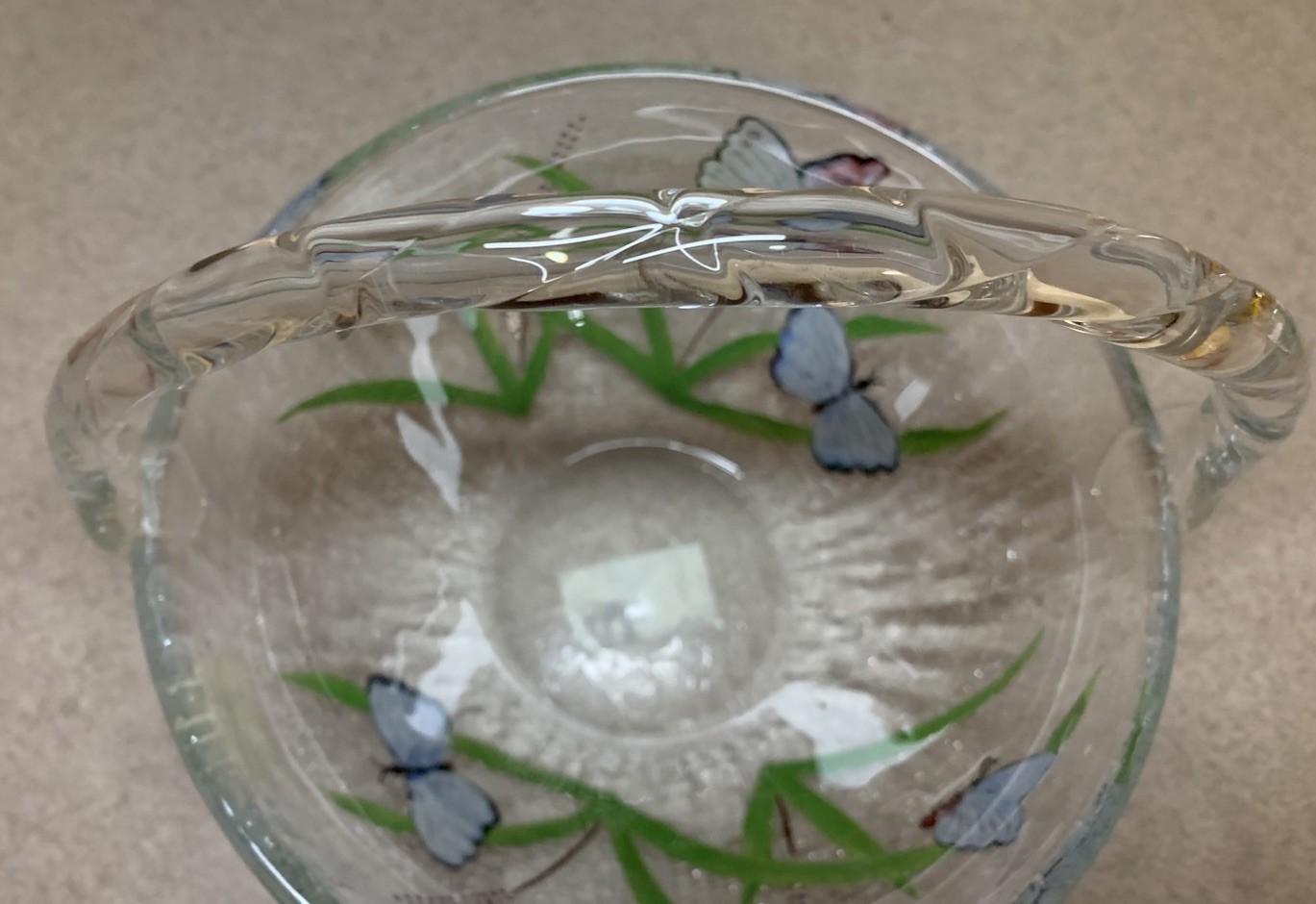 Vintage Fifth Avenue Crystal LTD Romania Crackle Glass Butterfly Basket