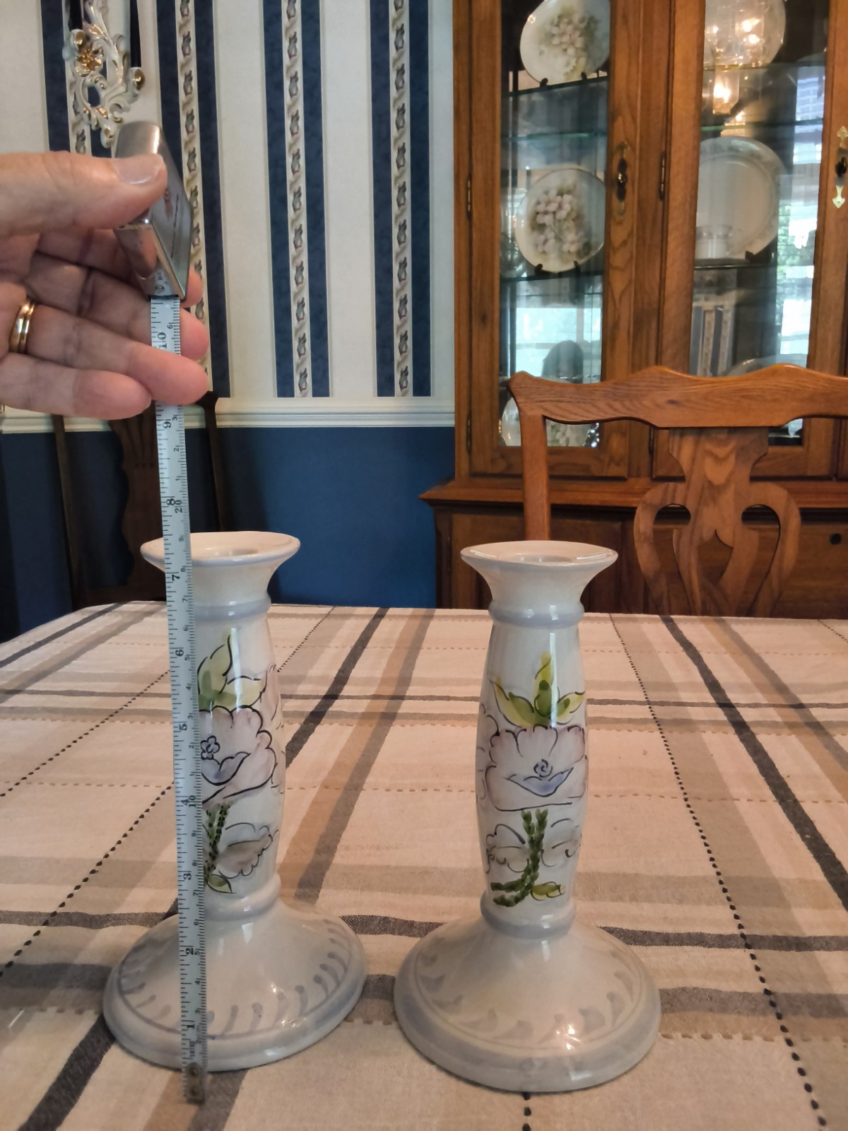 Portugal Hand-Painted Floral Ceramic Candlesticks Pair White/Green 7.5in