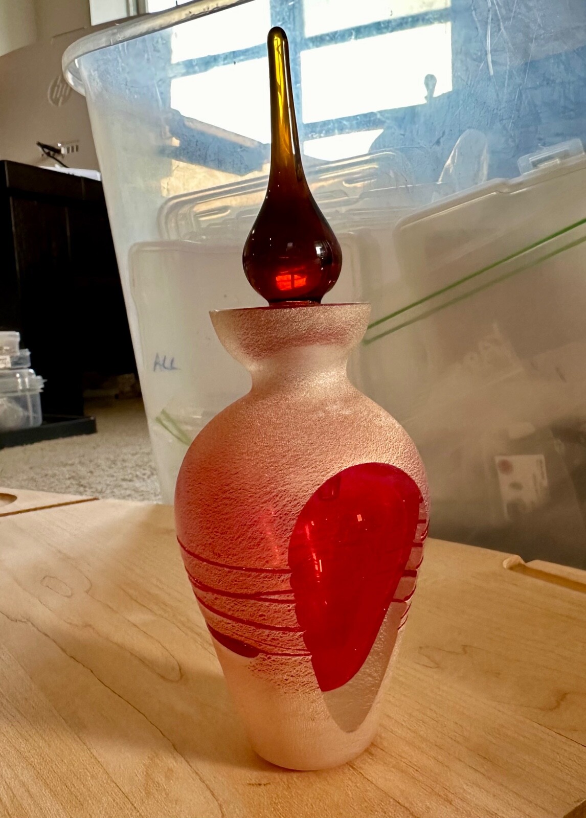 Red Art Glass Perfume Bottle With Stopper 6.75 Inches