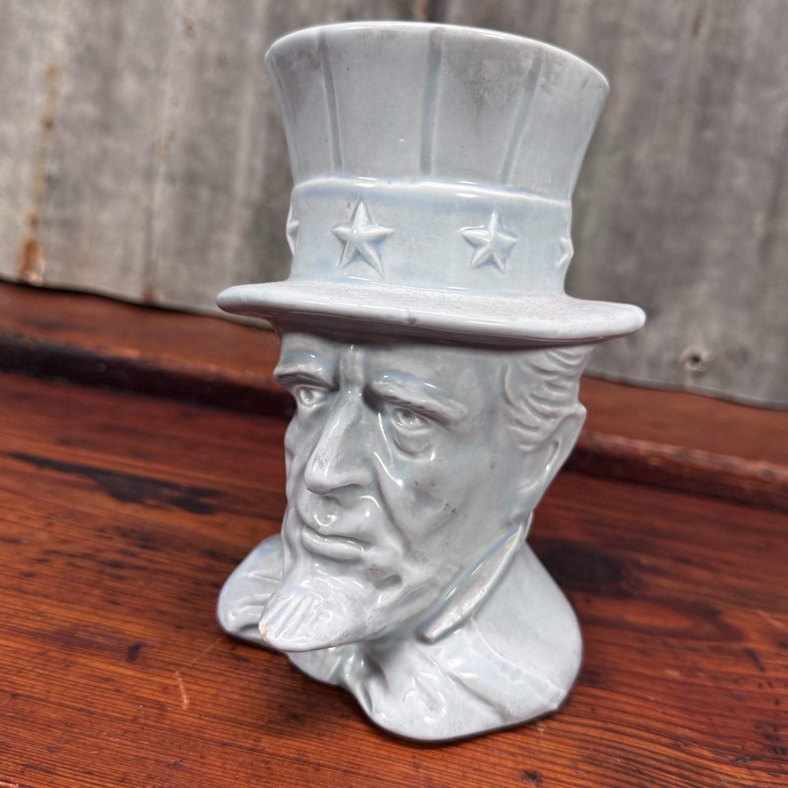 Vintage RARE 1945 Abraham Lincoln PLANTER Blue Embossed Abe Rustic Clay Pottery