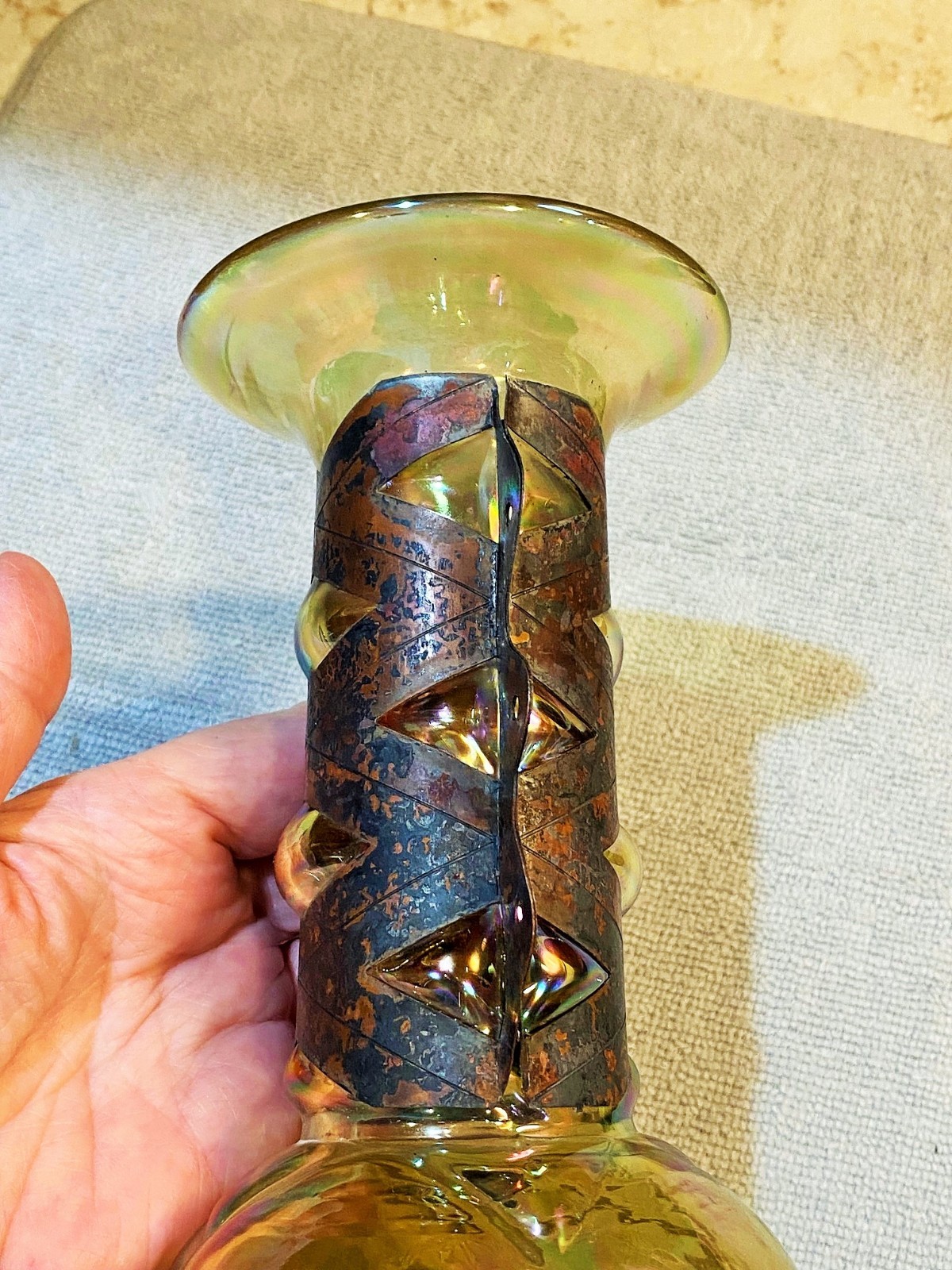 Silvestri Mouth Blown Iridescent Glass Vase Copper Cuff Brutalist Italian 10.5″