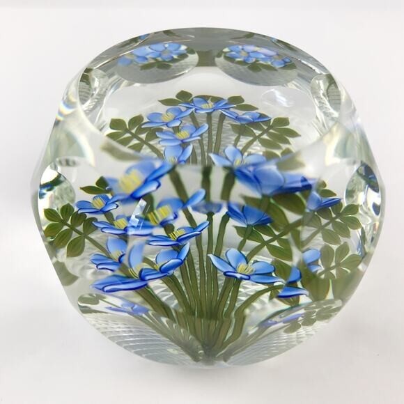 Perthshire 1997D Blue Bouquet Lampwork Flower Faceted Clear Vintage Paperweight