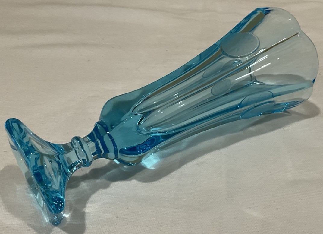 Vintage Fostoria 8” Blue Coin Glass Bud Vase, Excellent Condition!