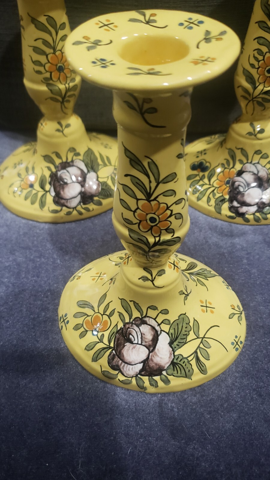 3 RARE MADE FRANCE ART POTTERY Floral Yellow CANDLESTICKS