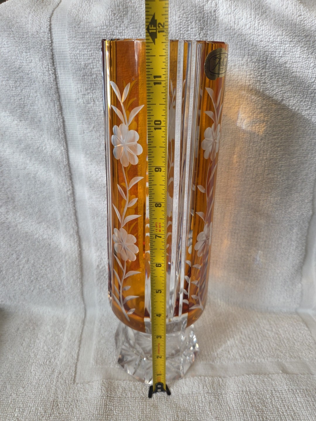 1960’s Huta Szkła Julia Yellow Amber Cut to Clear Crystal Vase Made in Poland