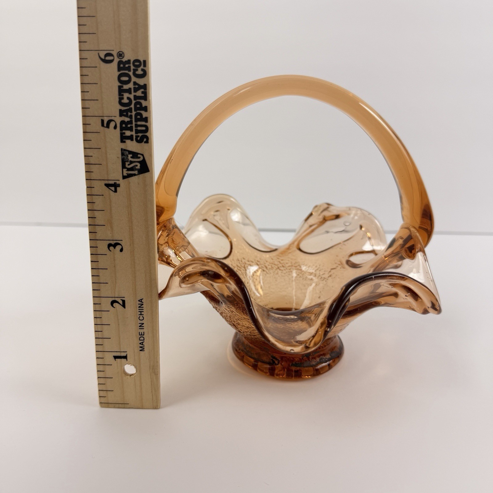 Elegant Pink Amber Rose Depression Glass Basket Vase Floral Design 6″ Vintage