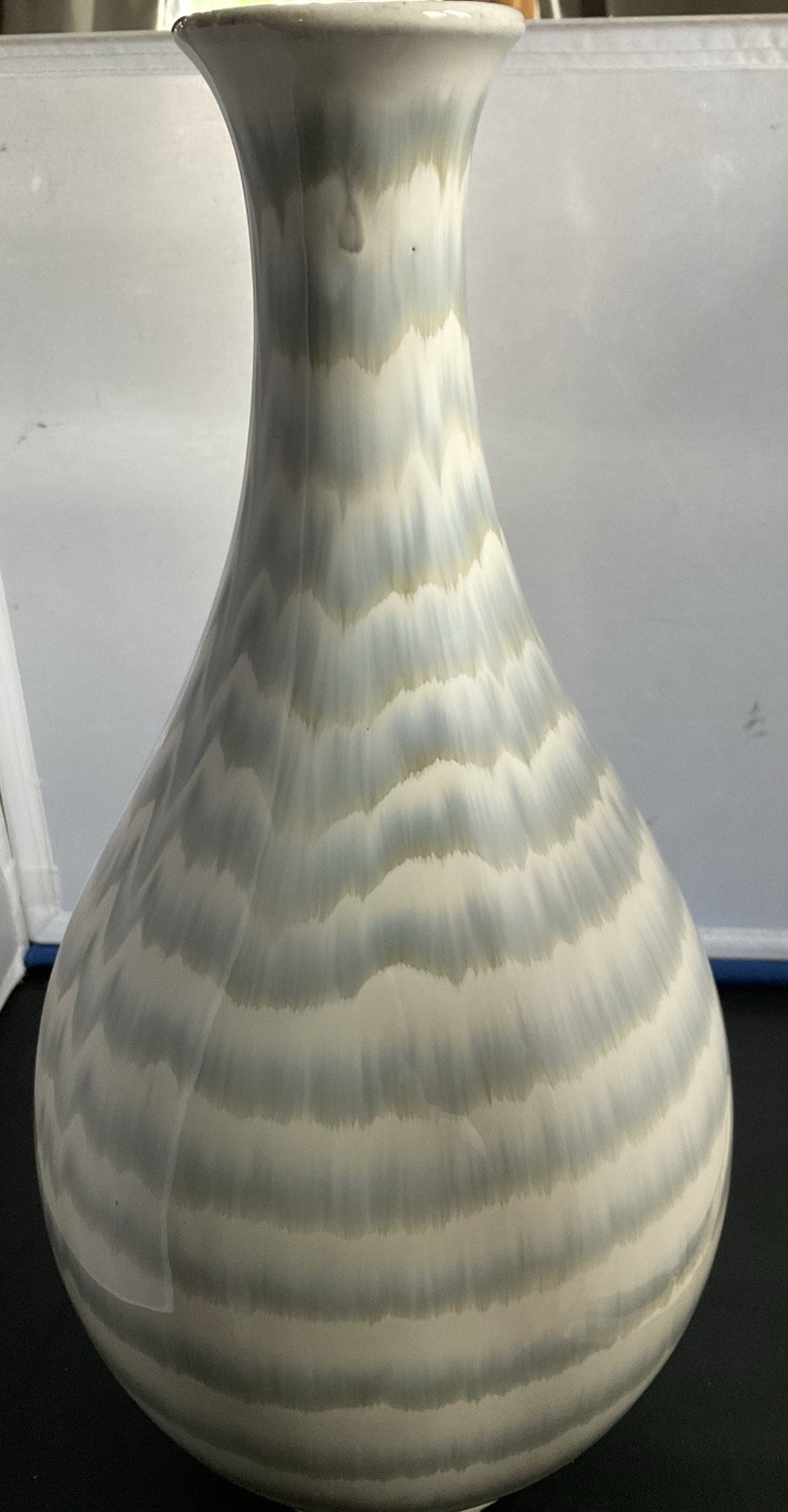 Large Handmade Signed Vase Cream Blue Green Abstract 16” X 8” Ceramic Glossy