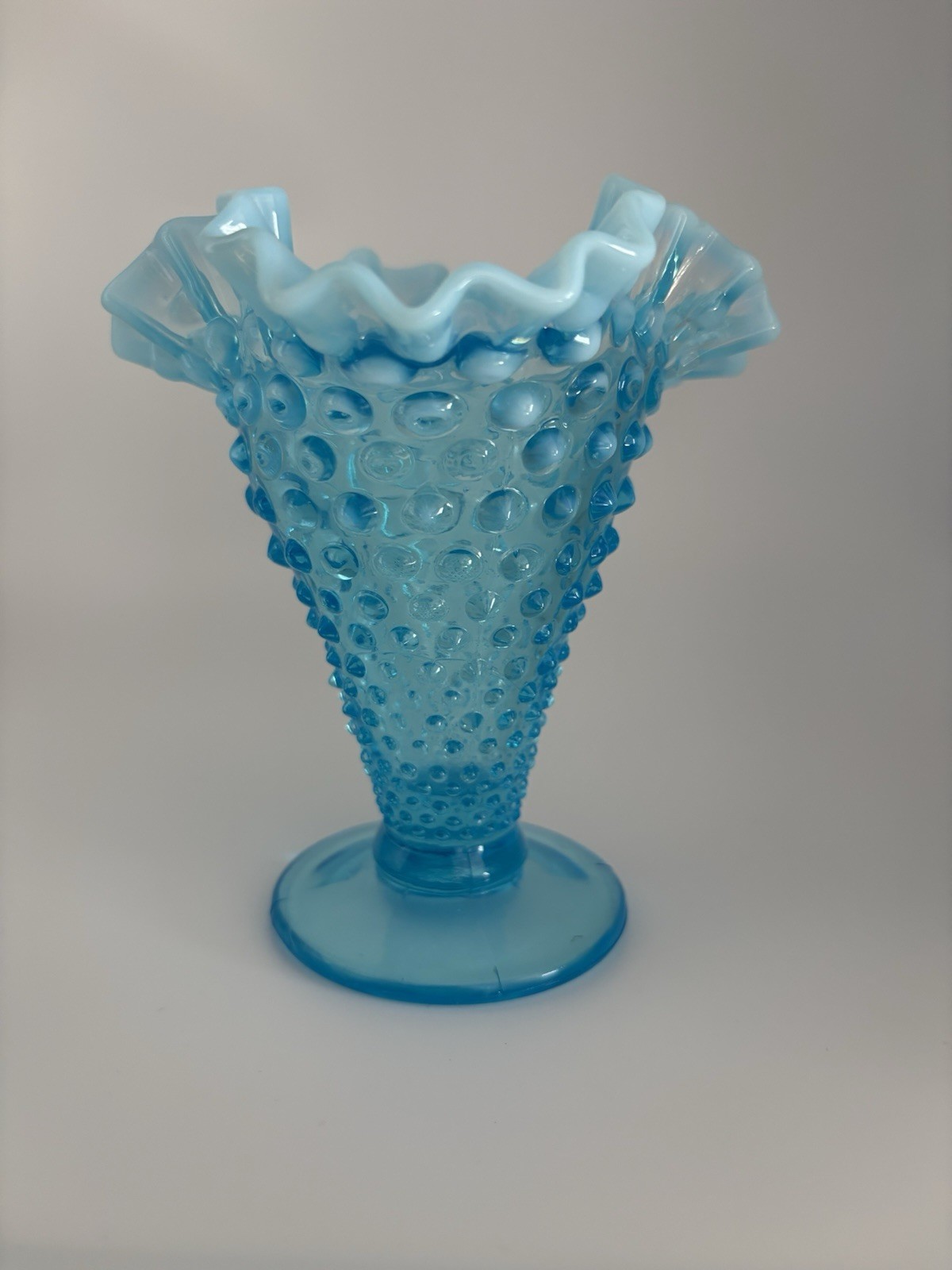 Vintage Fenton Blue Opalescent Trumpet Vase Hobnail Ruffle Edge