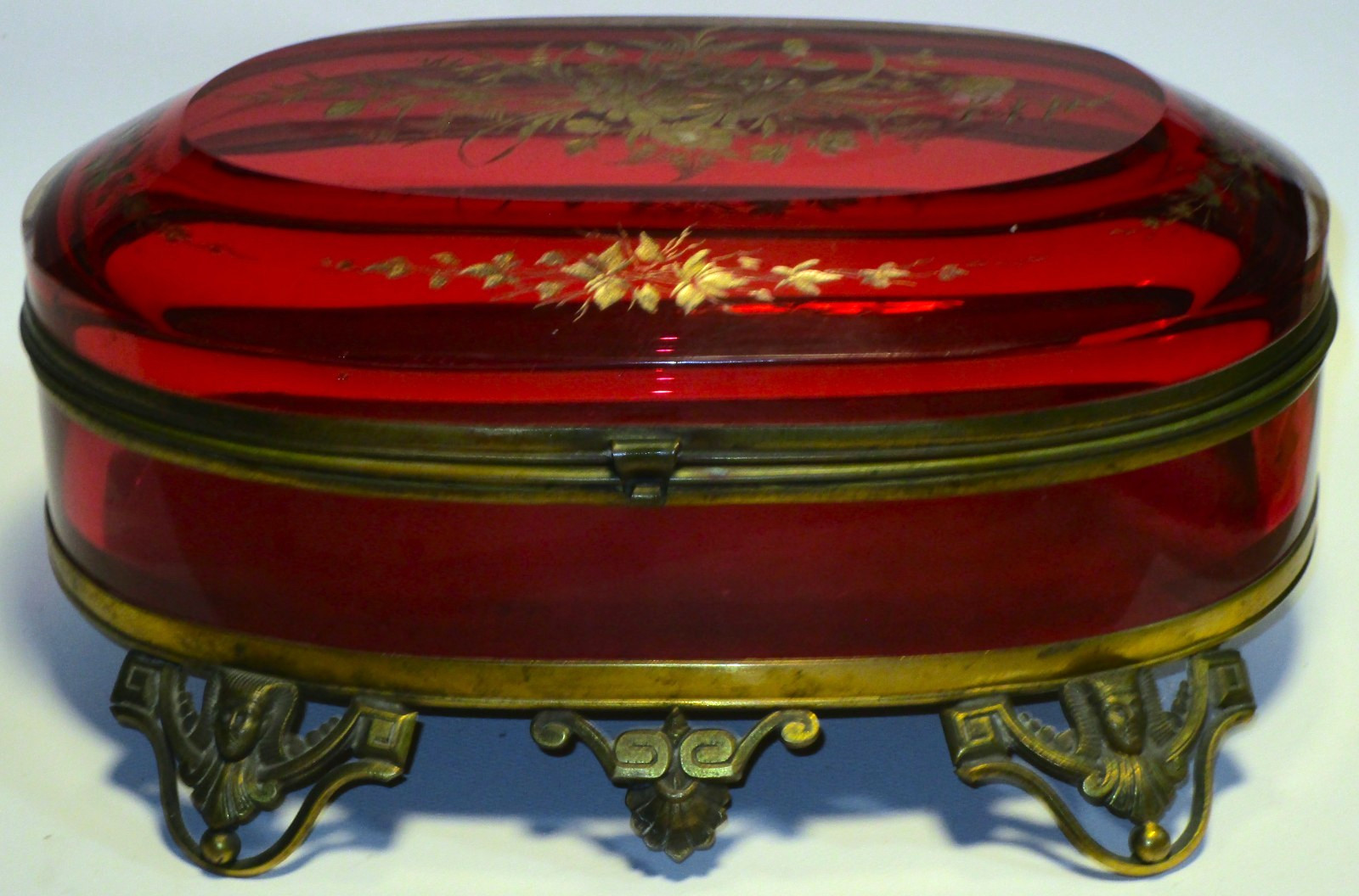Massive Egyptian Revival Ormolu Cranberry Glass Box Casket Pharoah Heads AMAZING