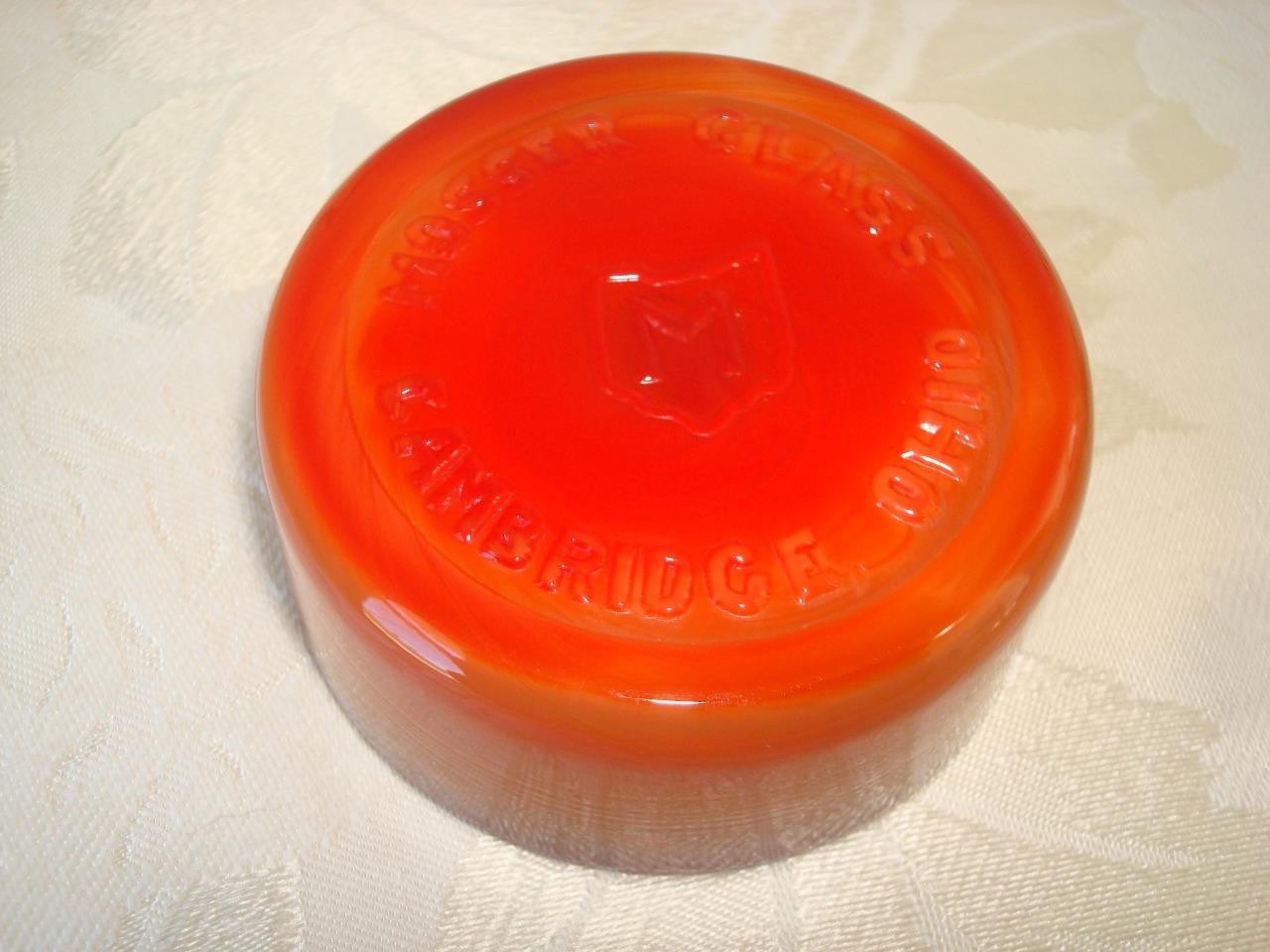 . Vintage Mosser Glass Dealer Advertising Logo Paperweight Orange Red Slag KJ