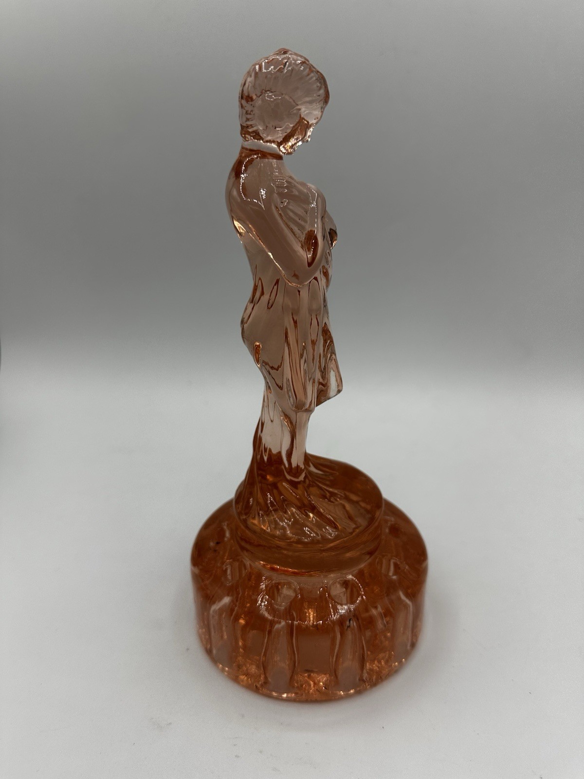 CAMBRIDGE MIRROR IMAGES ART DECO DRAPED LADY FLOWER FROG / PEACH CARNIVAL GLASS