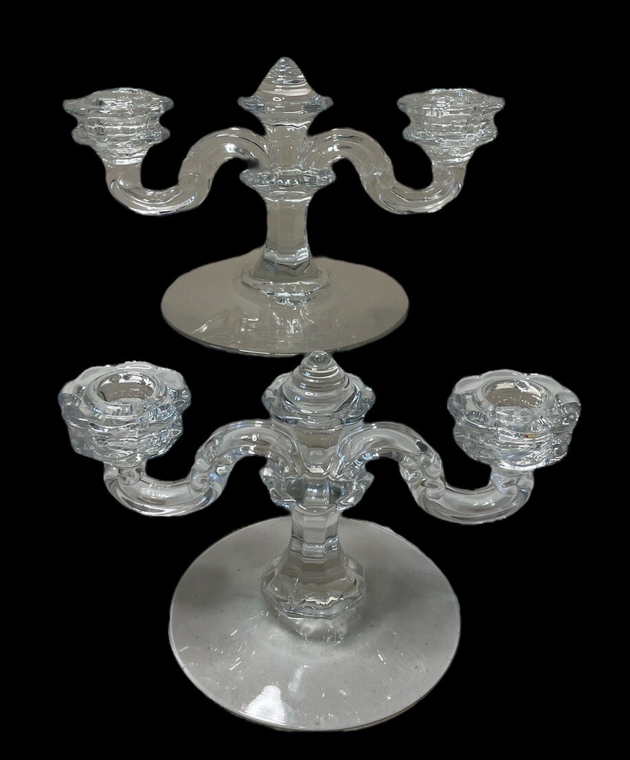 Fostoria Clear Glass Double Arm Candelabra Pair