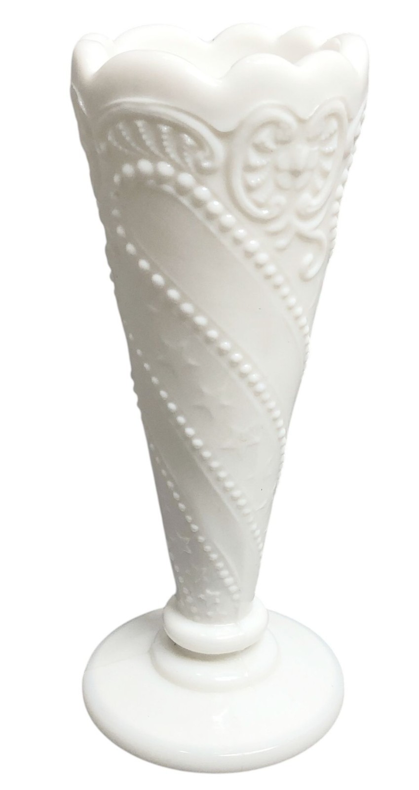 L E Smith White Milk Glass Bud Vase 6 3/8″ Embossed Beaded Scrolls & Swirls