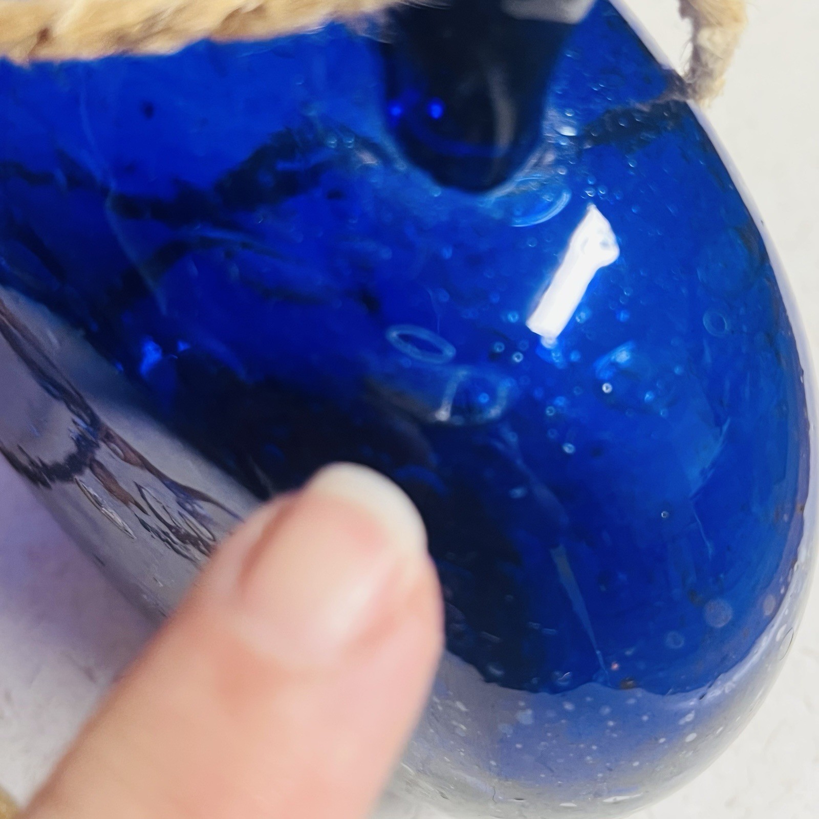 Hand Blown Blue Glass Hanging Vase Suspendable Art Made In Egypt Vintage 5 1/2″T