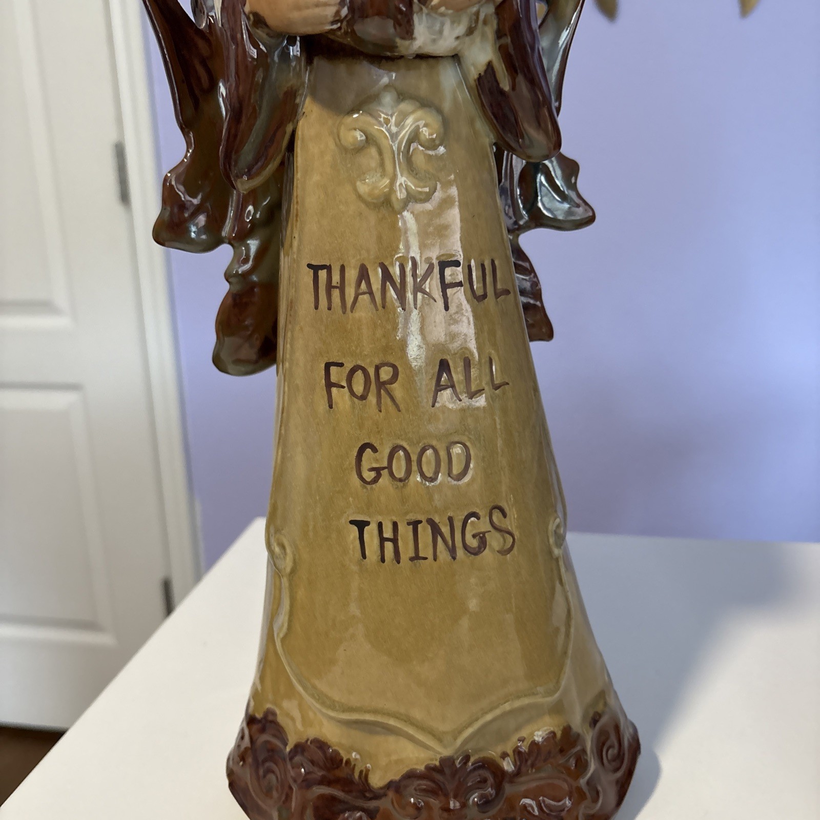 Glazed Art Pottery Angel Pierced Wing Figurine 15.75” Thanks Message Earth Tones