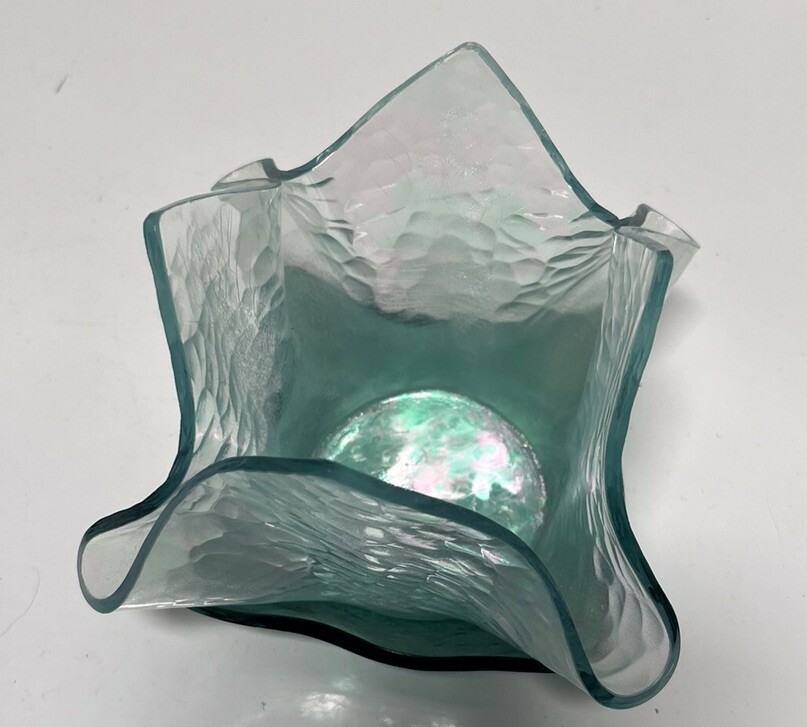 Fused Glass Two Tone Handkerchief Hand Made Votive Holder Signed.