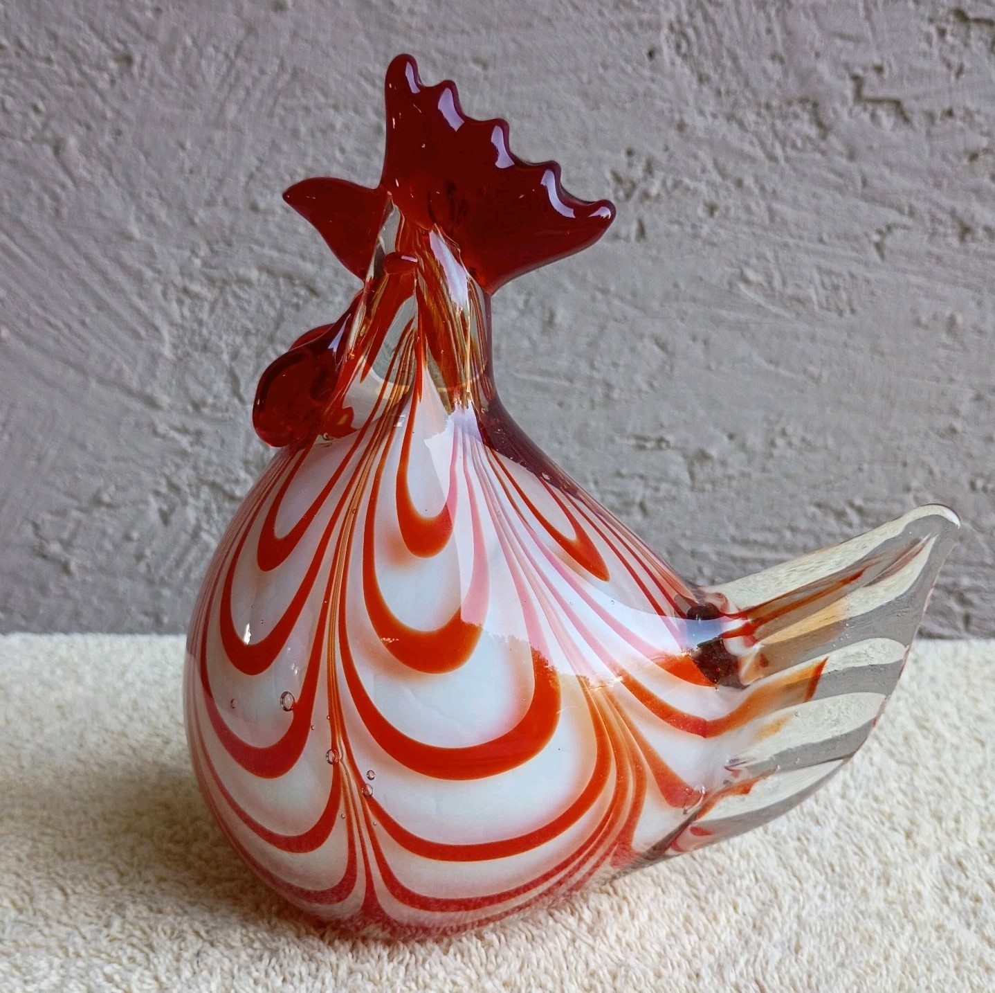 Rooster Chicken Hen Art Glass Murano Style Figure 7” Hand-Blown Statue Red White