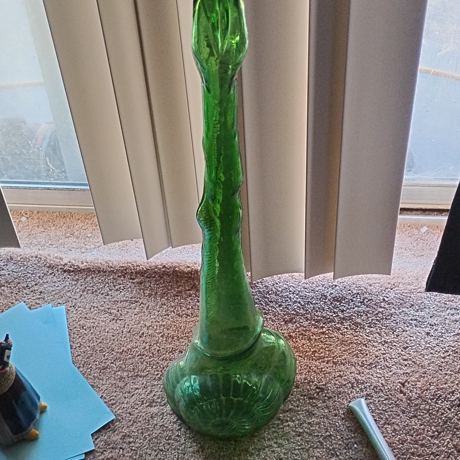 Tall Green Glass Vase Textured Ribbed Bottle Form, Impressed Backstamp