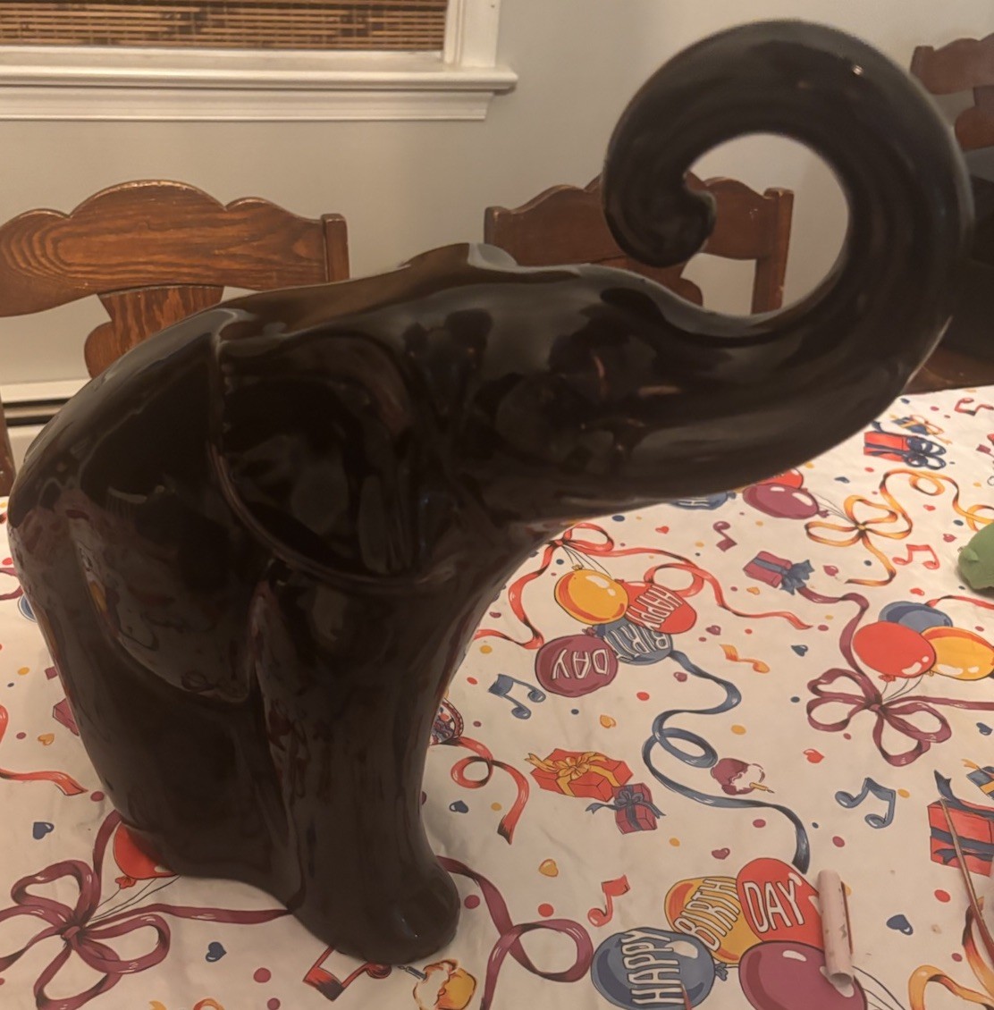 Haeger Large Ceramic Trunk Up Elephant #450 Shiny Black Vintage 16” Statue 1993