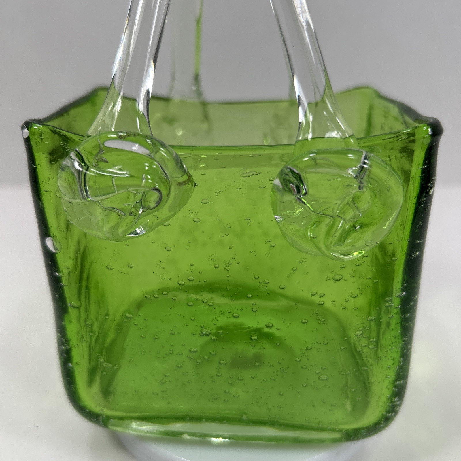 Vintage Hand Blown Green Glass Purse Bag Vase 7” Tall W/ handle 4” Wide
