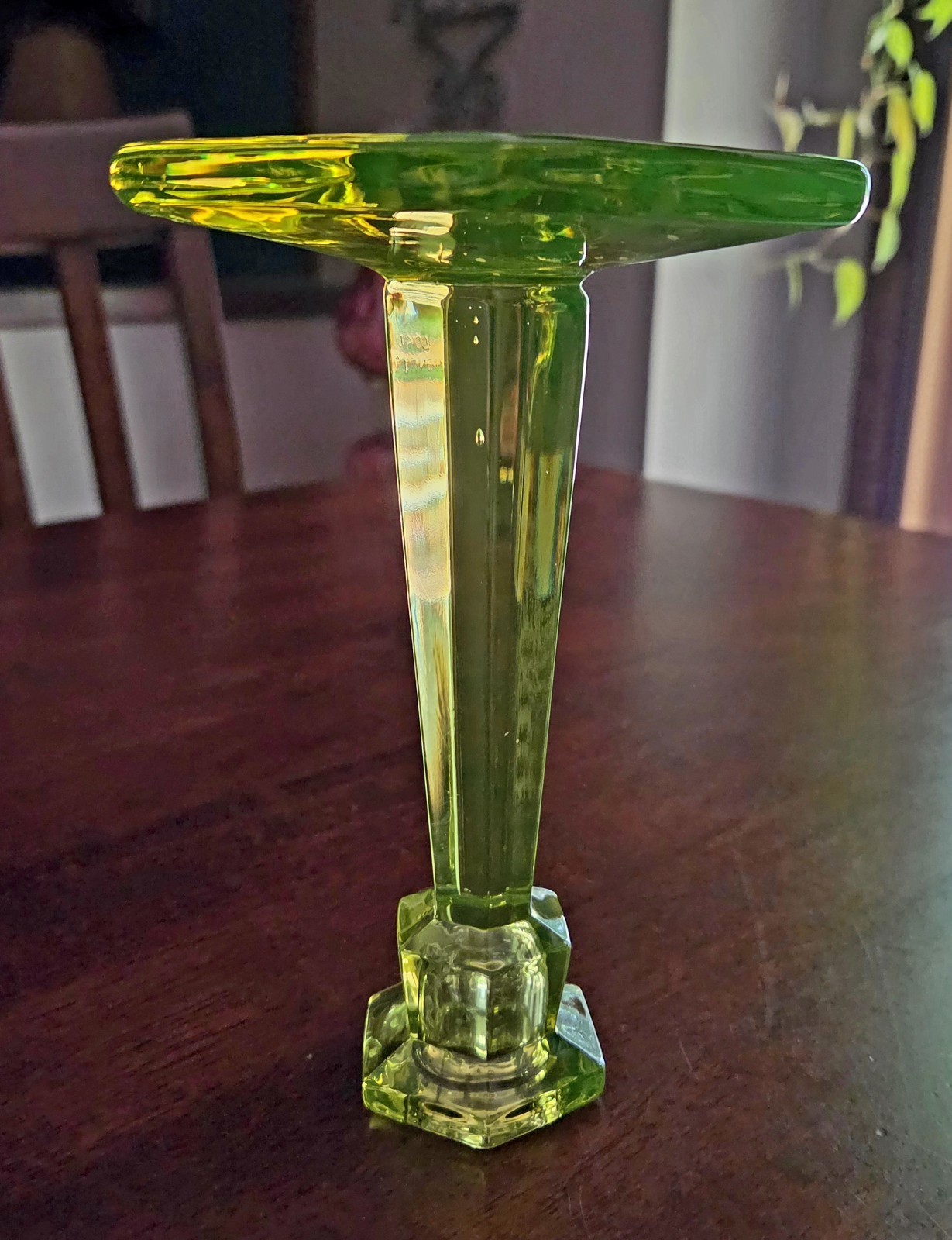 Vintage Vaseline Glass Candlestick Holder Hexagon Base 7″ Taper Canary Green