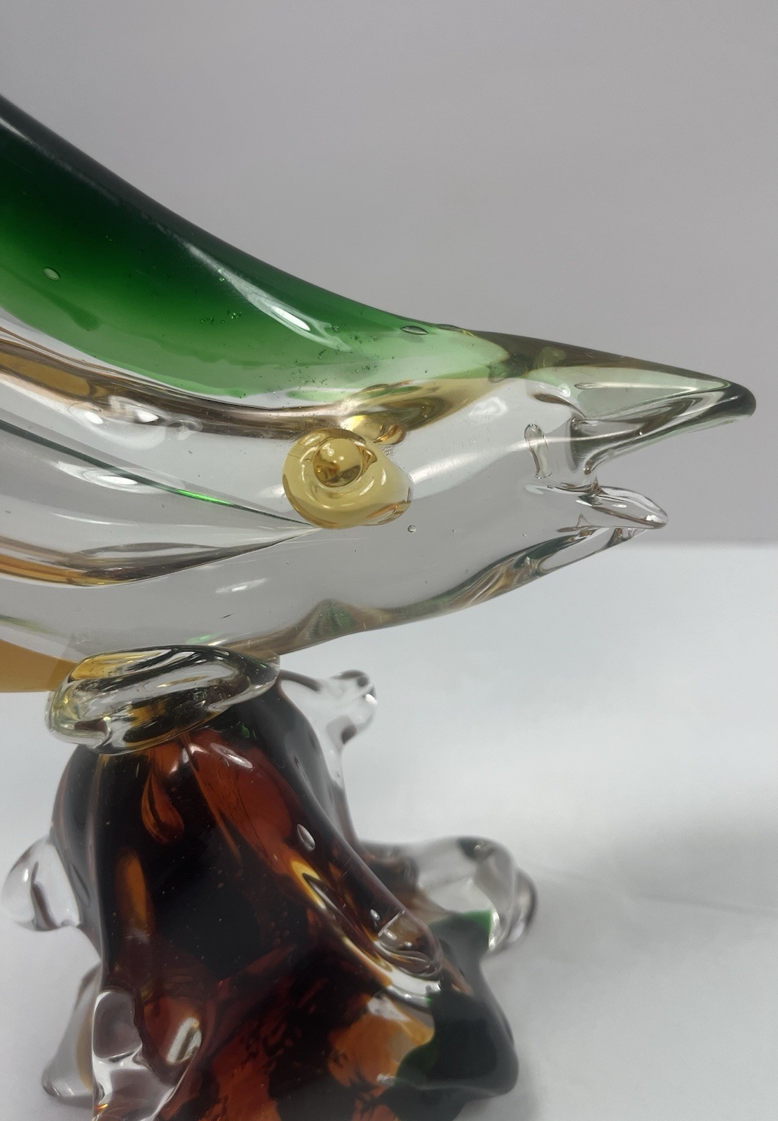 Beautiful Decorative Glass Fish 10.5 In. Tall Green Yellow Brown Murano-like