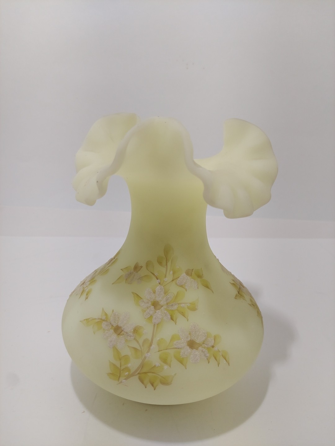 Vintage Uranium Fenton Custard Satin Glass Vase With Hand Painted Flowers Signed