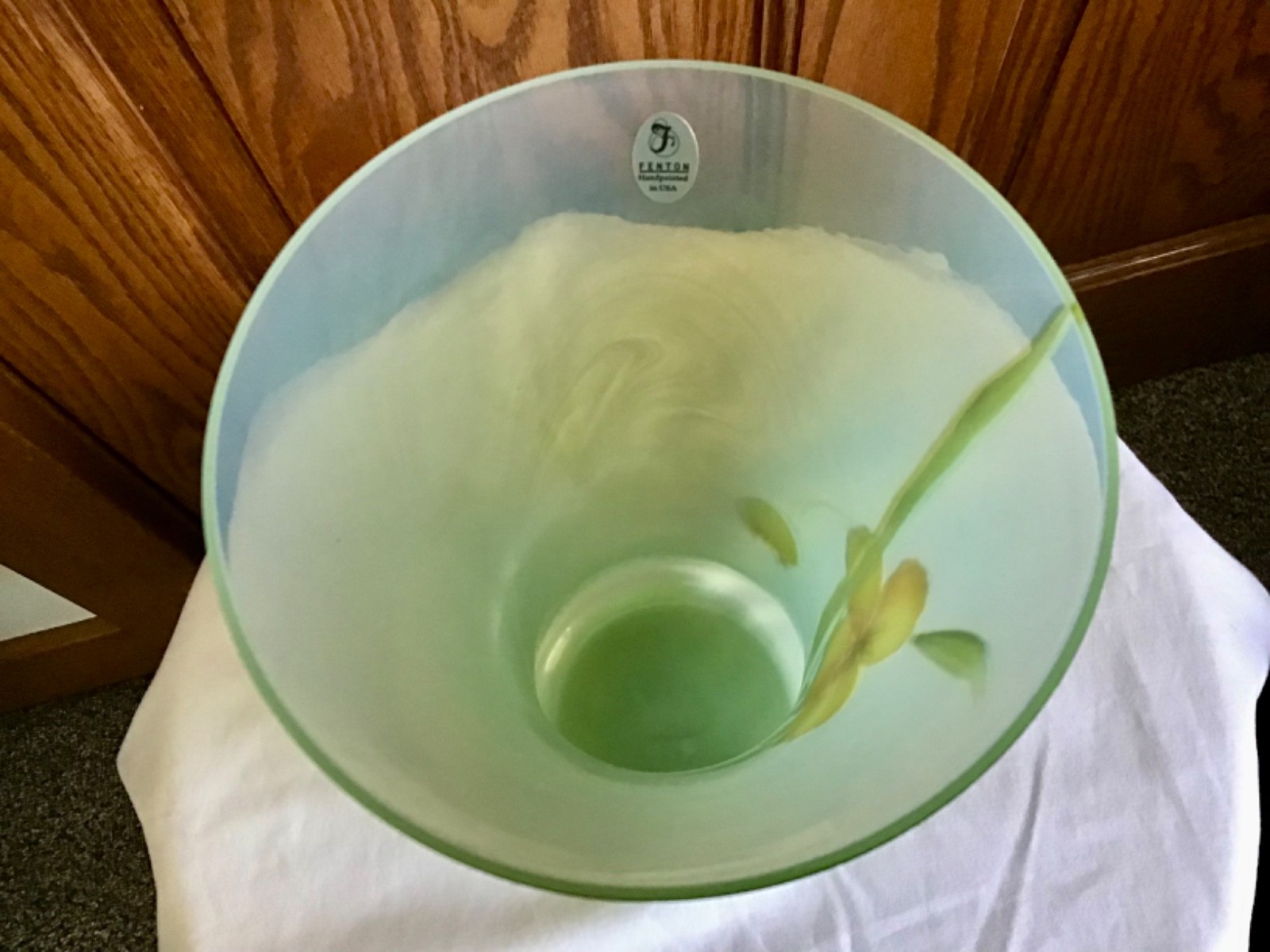 FENTON FLORAL DESIGN ON JADE GREEN OPALESCENT GLASS LIMITED EDITION VASE