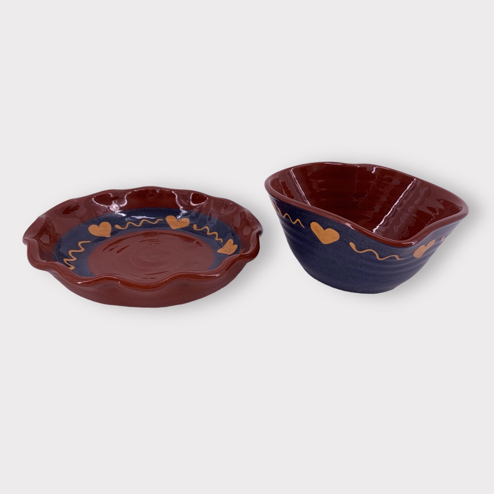VTG 1986 Turtle Creek Pottery Redware Blue & Red Hearts Bowl and Dish Greg Neal