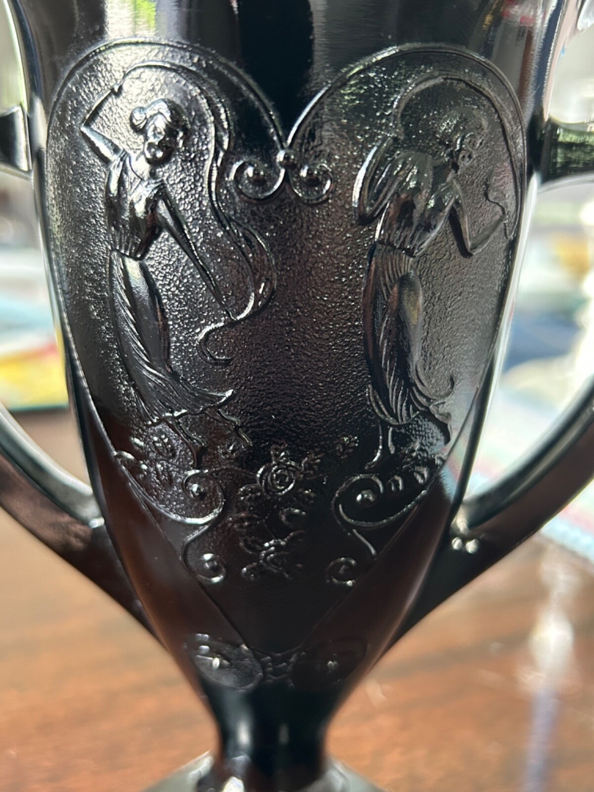 Vintage 1930’s LE Smith Black Amythest Glass Trophy Vase Dancing Nymph App 7 ¼”