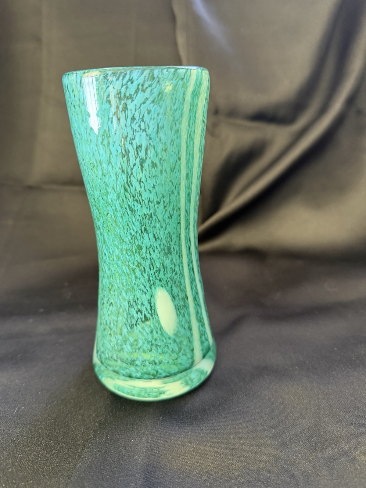 Hand Blown Glass Vase Teal With White Designs – 6 1/4 Inches Tall